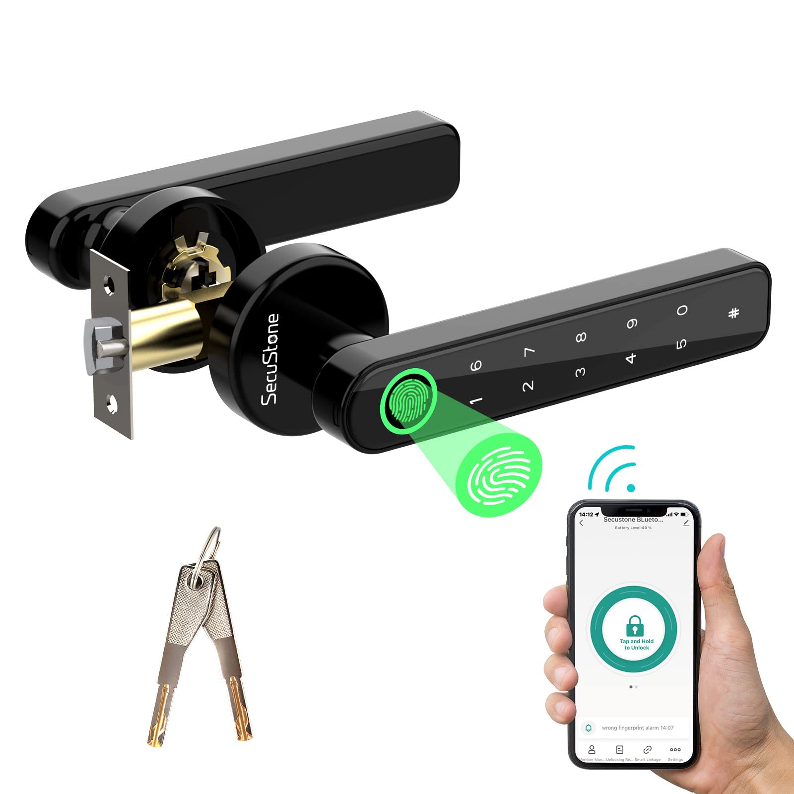 Secustone Fingerprint Door Lock, Smart Lock, Keyless Entry Door Lock, 4 In 1 Smart Door Knob With Passcode/Smart APP/Fingerprint