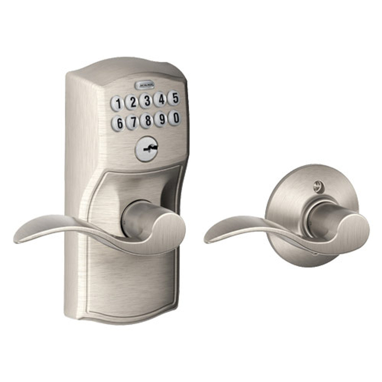 FE575-CAM-619-ACC Schlage Keypad Entry Auto-locks Series - Camelot Style Lock with Accent Lever in Satin Nickel