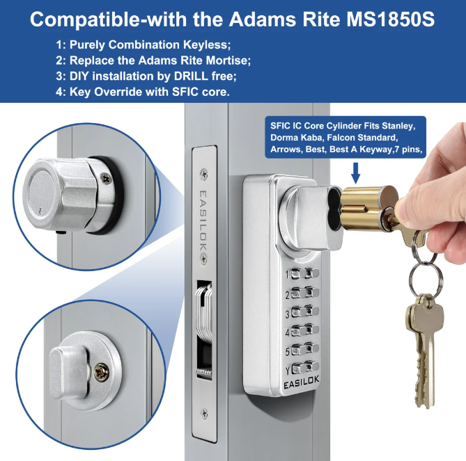 EASILOK / SK1850S Interchangable Core Storefront Hook Bolt Lock / Silver