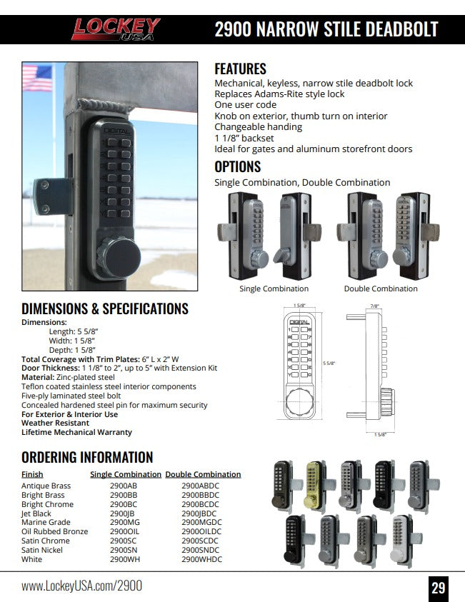 Lockey - 2900 - Narrow Style - Mechanical Keypad - Keyless Deadbolt Lock (Satin Nickel)